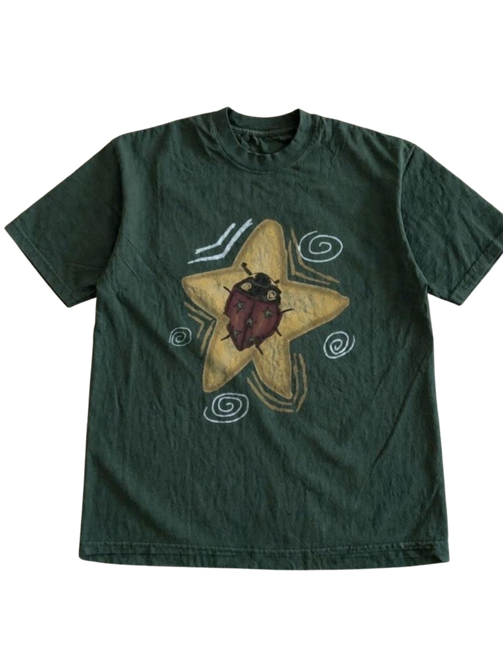 Gildan Forest Green Graphic Tee with Yellow Star and Red Ladybug
